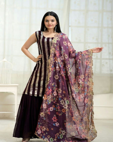 Wine Colour Readymade Crop Top with Sharara and Dupatta