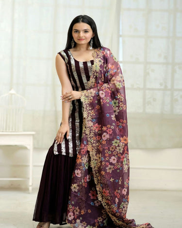 Wine Colour Readymade Crop Top with Sharara and Dupatta 2