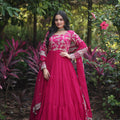 Pink Colour Designer Festival special Viscose Sequins Embroidered Work Gown 1