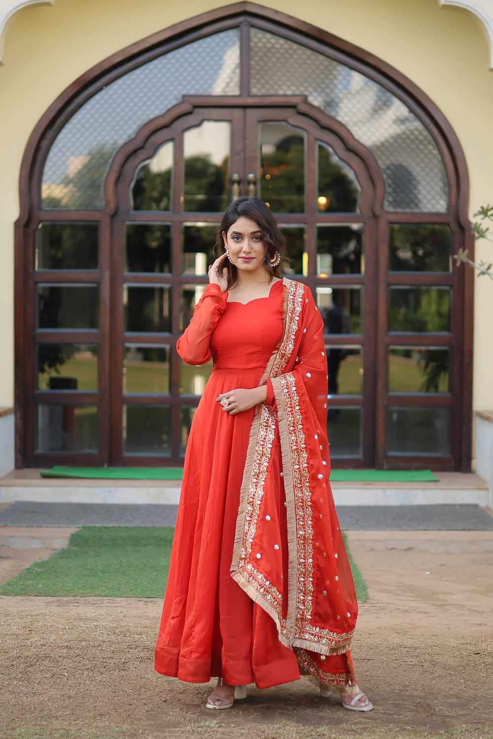 Orange Colour Russian Silk with Kali pattern in flair Gown