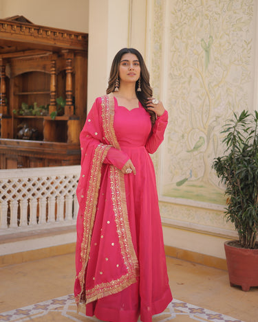 Pink Colour Russian Silk with Kali pattern in flair Gown 3