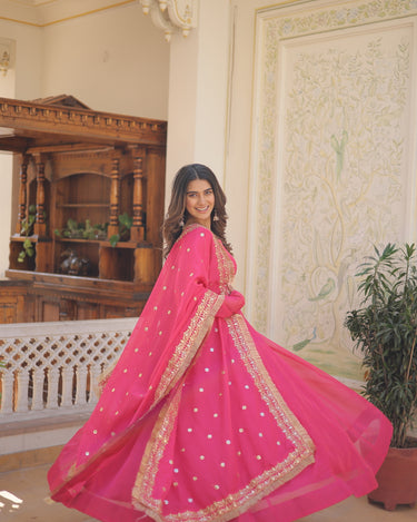 Pink Colour Russian Silk with Kali pattern in flair Gown 4