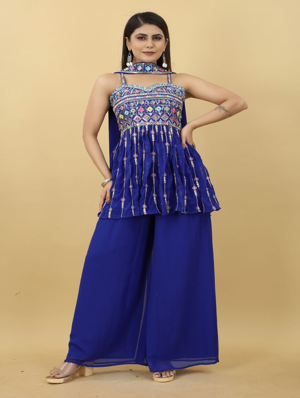 Blue Sweetheart Top Palazzo With Dupatta