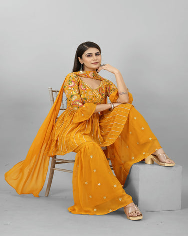 Mustard Colour Cocktail Palazzo Top With Dupatta 1
