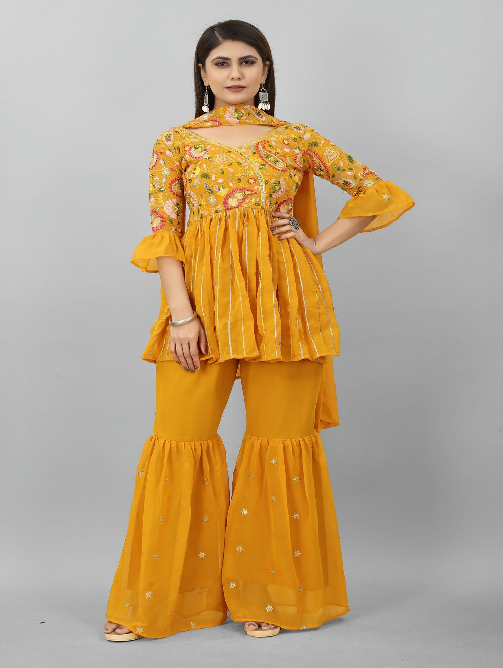 Mustard Colour Cocktail Palazzo Top With Dupatta