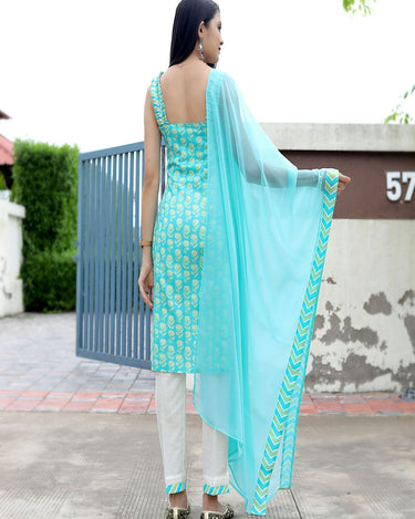 Sky Blue Colour Cotton Kurti Pair With Dupatta 3