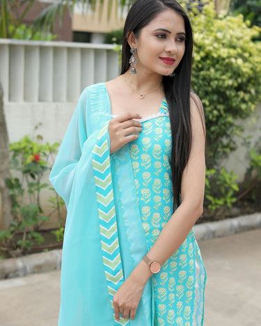 Sky Blue Colour Cotton Kurti Pair With Dupatta 1