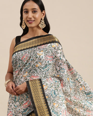 Off White Kalamkari Print Cotton Silk Saree 1