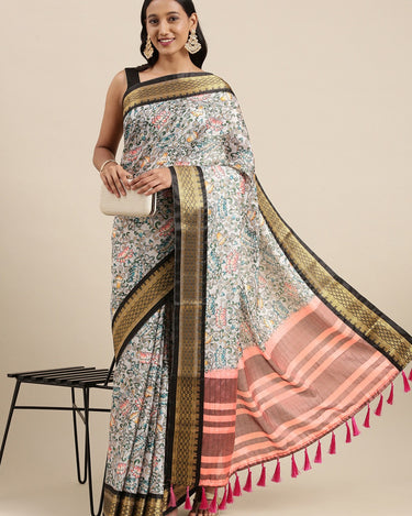 Off White Kalamkari Print Cotton Silk Saree