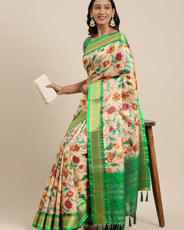 Green Kalamkari Print Cotton Silk Saree