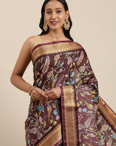 Coffee Kalamkari Print Cotton Silk Saree 1