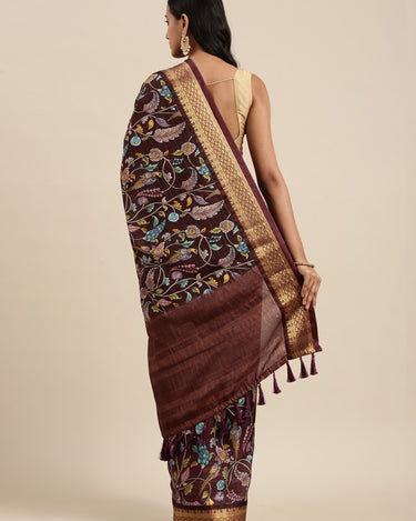 Coffee Kalamkari Print Cotton Silk Saree 2