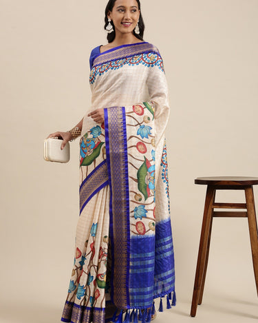 Blue Kalamkari Print Cotton Silk Saree