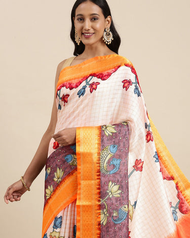 Orange Kalamkari Print Cotton Silk Saree 1