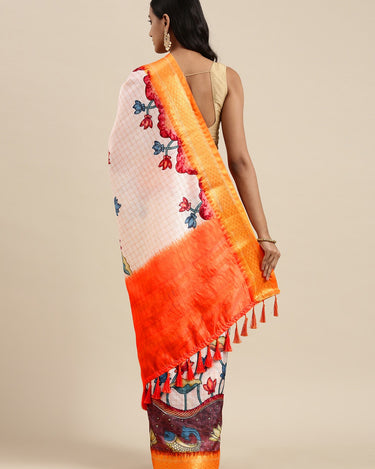 Orange Kalamkari Print Cotton Silk Saree 2