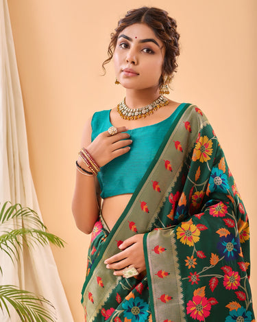 GREEN  Pure paithani silk saree with jaal design  1