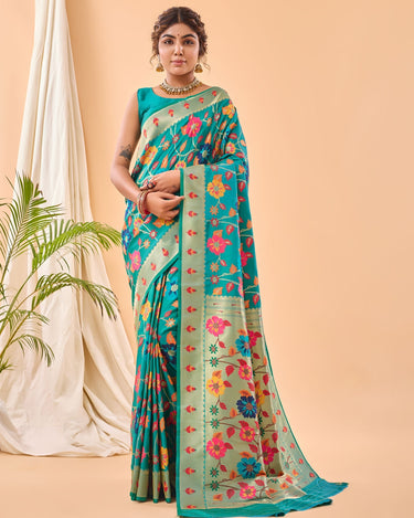 TEAL BLUE Pure paithani silk saree with jaal design