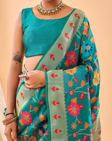TEAL BLUE Pure paithani silk saree with jaal design 4