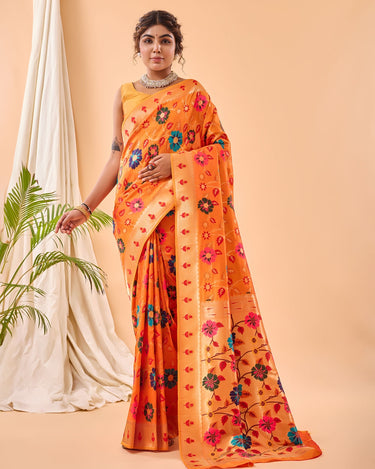 ORANGE Pure paithani silk saree with jaal design