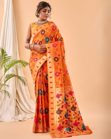 ORANGE Pure paithani silk saree with jaal design 2