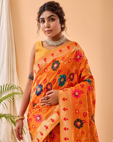 ORANGE Pure paithani silk saree with jaal design 1