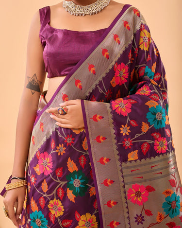 WINE  Pure paithani silk saree with jaal design 4