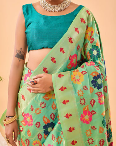 LIGHT GREEN Pure paithani silk saree with jaal design 3