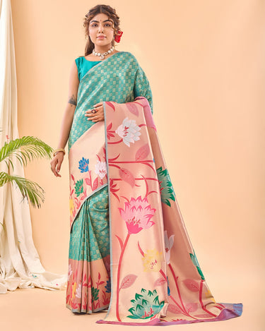 TEAL BLUE PURE PAITHANI SILK SAREE 