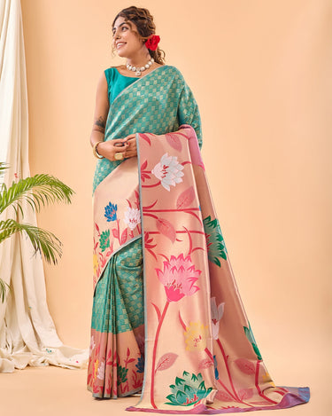 TEAL BLUE PURE PAITHANI SILK SAREE  2