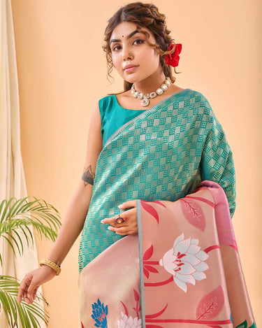 TEAL BLUE PURE PAITHANI SILK SAREE  3