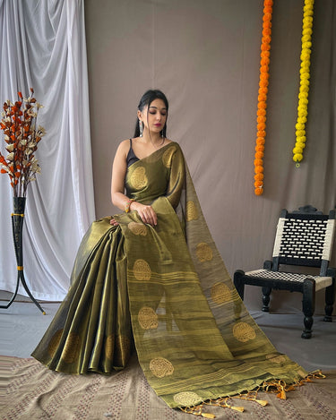 DARK OLIVE GREEN Original Tissue Silk Sarees 2