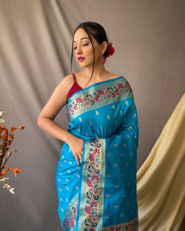TEAL BLUE This beautiful Paithani Soft Silk saree 1
