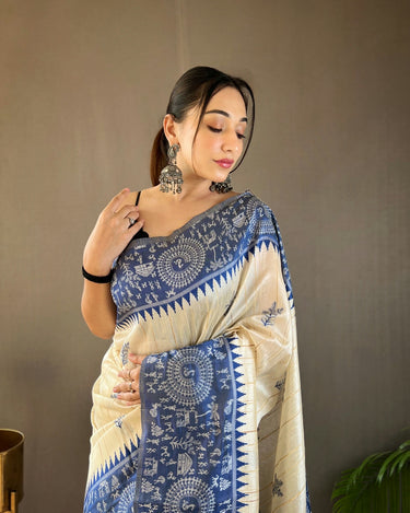 BLUE Tussar Silk Saree 1