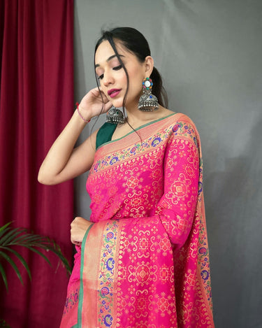 PINK  PURE PATOLA SILK SAREE WITH PAITHANI 1