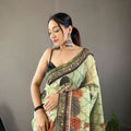 LIGHT GREEN Pure soft cotton tussar silk saree 1