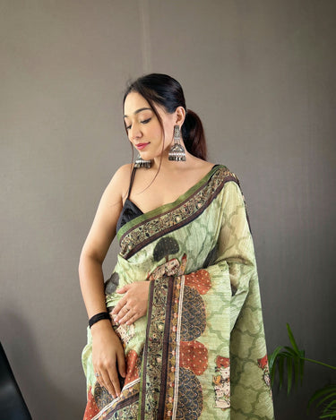 LIGHT GREEN Pure soft cotton tussar silk saree 1