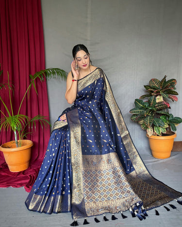 NAVY BLUE   PURE SOFT SILK SAREE WITH COPPER AND GOLDEN ZARI 2