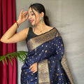 NAVY BLUE   PURE SOFT SILK SAREE WITH COPPER AND GOLDEN ZARI 1