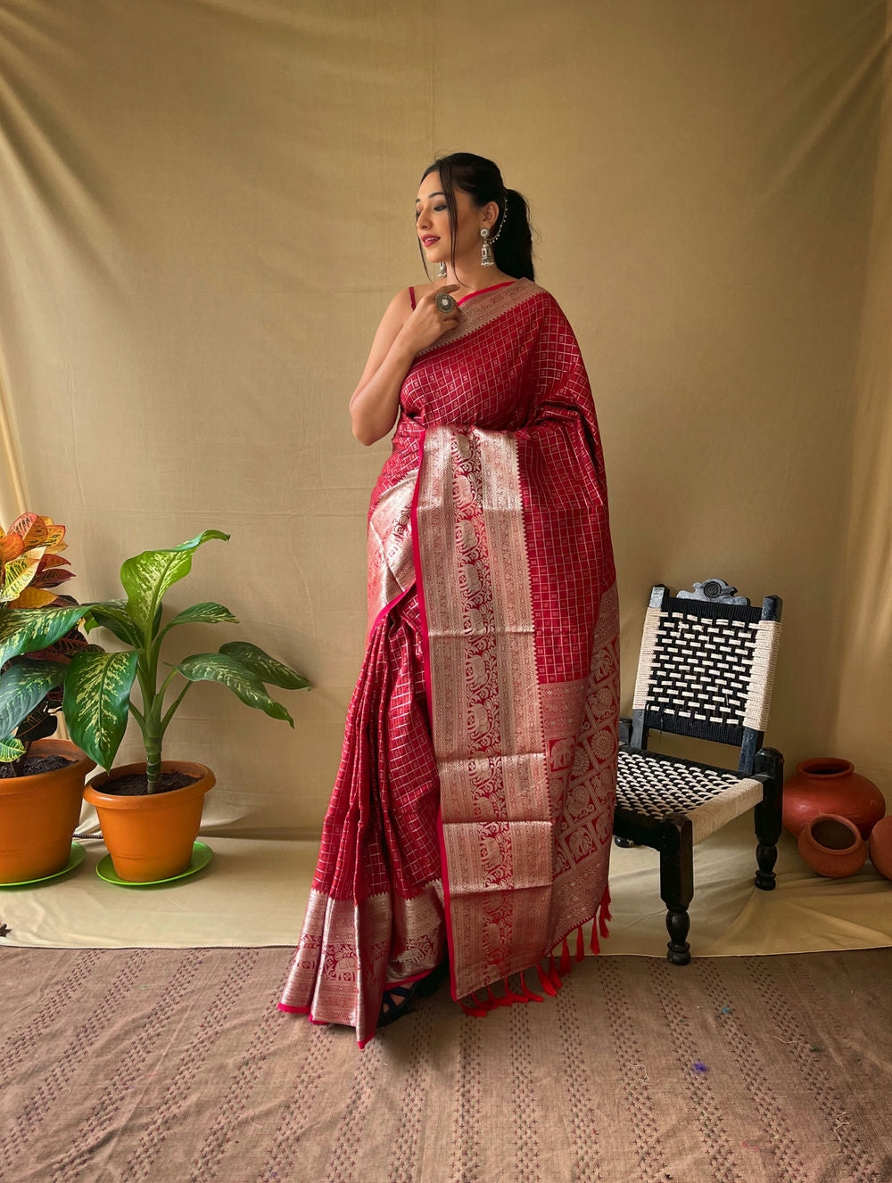  RED Soft litchi silk saree with rich pallu and attractive border