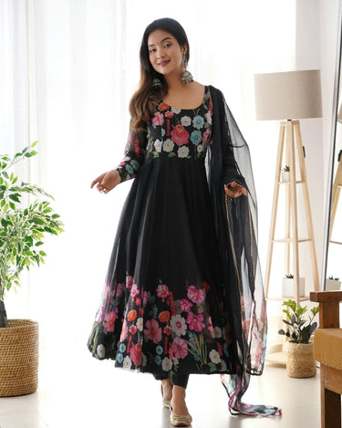 Black Heavy Pure Soft Organza Silk Print Gown, Pent with Dupatta