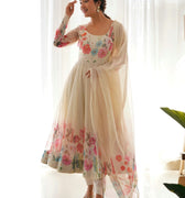 White Heavy Pure Soft Organza Silk Print Gown, Pent with Dupatta