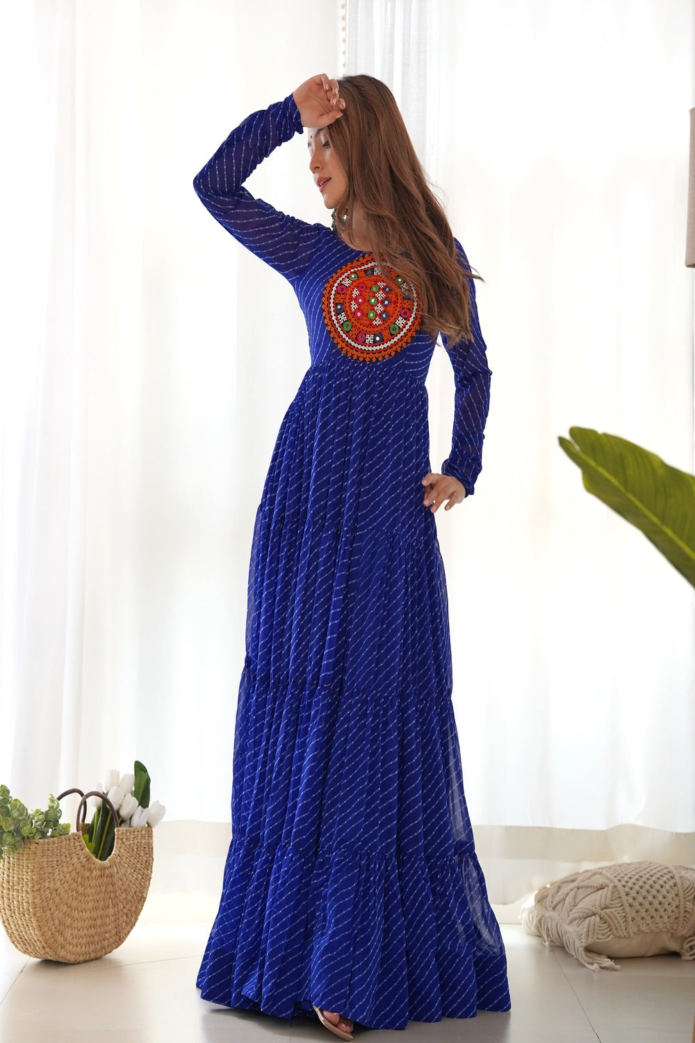 Royal Blue Pure  Soft Fox georgette Leheriya Print Dress