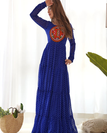 Royal Blue Pure  Soft Fox georgette Leheriya Print Dress