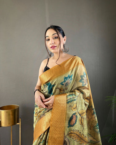 MELLOW YELLOW Pure kalamkari print tussar silk saree 1