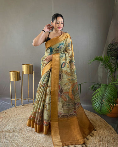 MELLOW YELLOW Pure kalamkari print tussar silk saree