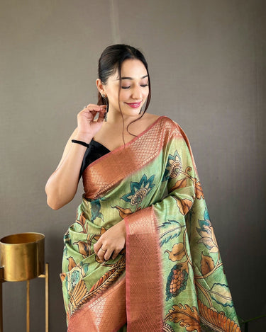 LIGHT GREEN  Pure kalamkari print tussar silk saree 1