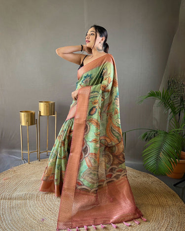 LIGHT GREEN  Pure kalamkari print tussar silk saree