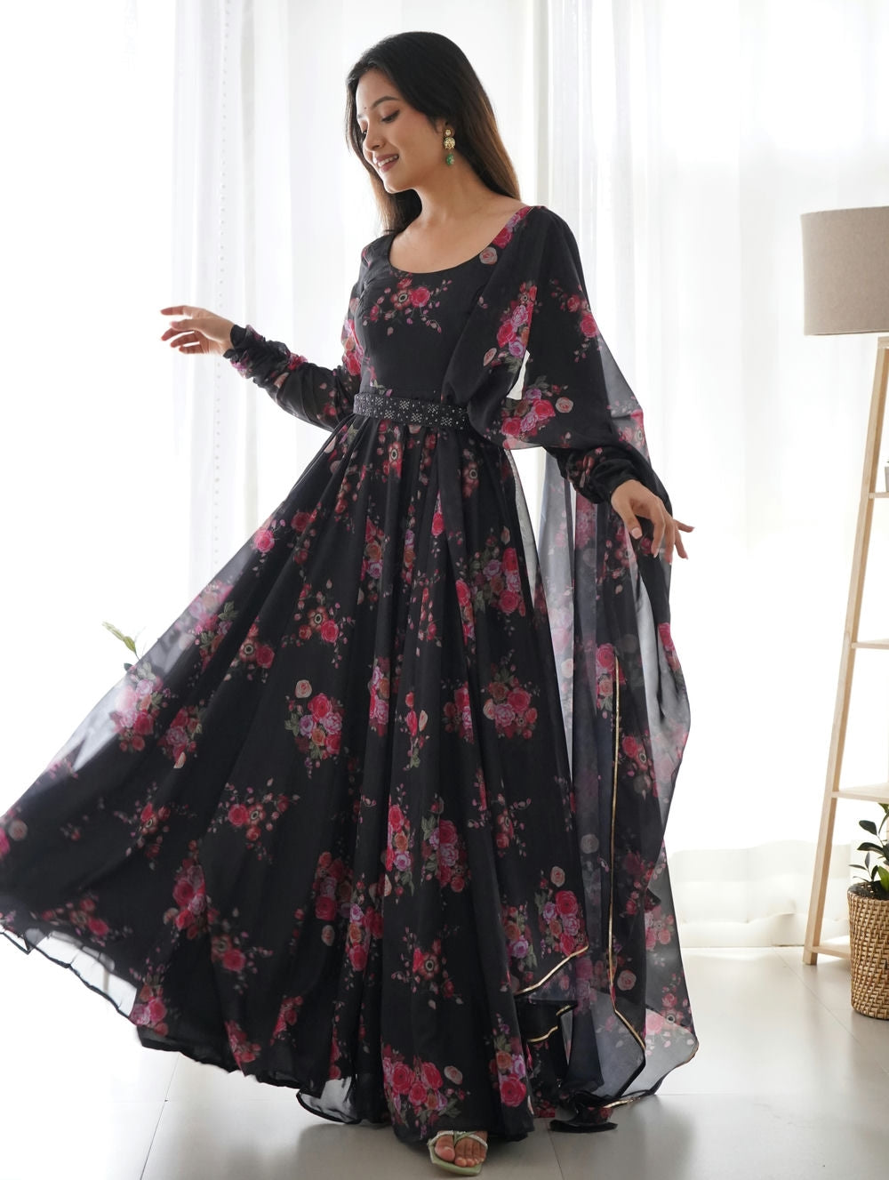 Black Colour Pure Soft Organza Silk Anarkali Cut Gown Set