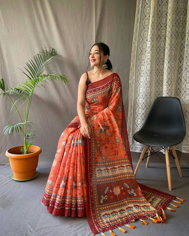 ORANGE PURE MALAI COTTON SAREE 2