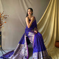  BLUE Soft Silk Saree Is Having Checks Silver And Gold Zari Weaves Saree 2